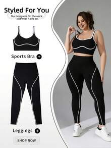 1件装加大码无缝罗纹中等支撑运动文胸，黑白撞色，四向弹力超柔软面料，宽U型后背圆领配白色滚边，无钢圈减震防下垂，四季皆宜，适合健身、跑步、网球等运动，女士修身运动休闲文胸，夏季 - 黑色 - 查看 8