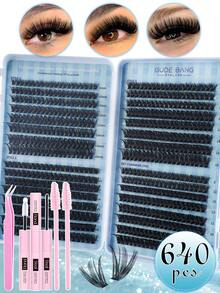 640 Clusters D Curl Individual Lash Clusters 50D60D80D, 8/10/12/14/16MM Mixed Style Lash Kit DIY At Home Grafting Lash Clusters Book, Diy Long-Lasting Eyelash Extensions, High Capacity Natural Clusters Lashes With Eyelashes Glue, Tweezer, Eyelash Brushes Kit, Easy To Use For Starter Makeup Beauty, Enlarge Eyes False Lashes Extensions Suit Suitable For Daily Outings, Travel, Photography, Gatherings, Weddings, Travel Carry And Makeup - 彩色 - 查看 9