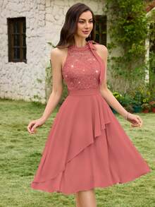 MIUSOL Gaun Pesta Halter Berhiaskan Payet, Renda, dan Patchwork Bunga, Cocok untuk Ulang Tahun, Tamu Pernikahan, Gala Malam, dan Acara Lainnya, Elegan di Musim Panas. - Dusty Pink - View 7