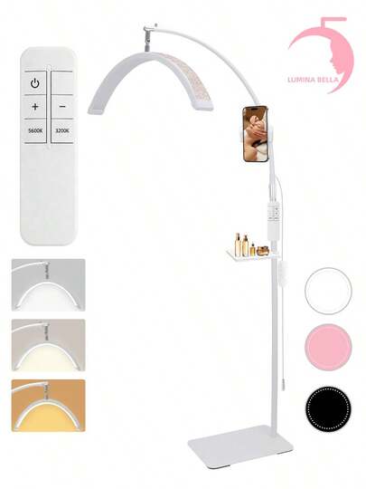 LUMINA BELLA Lámpara de pie para belleza con cabezal LED semicircular giratorio, soporte metálico regulable en altura. Perfecta para leer en el dormitorio y para realizar extensiones de pestañas.