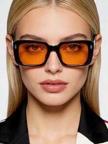 1 Pair Black Frame Yellow Square Retro Large Frame Flattering Fashion Glasses, Suitable For Street Photography, Driving, Vacation, Beach, Outfit - Black - View 3