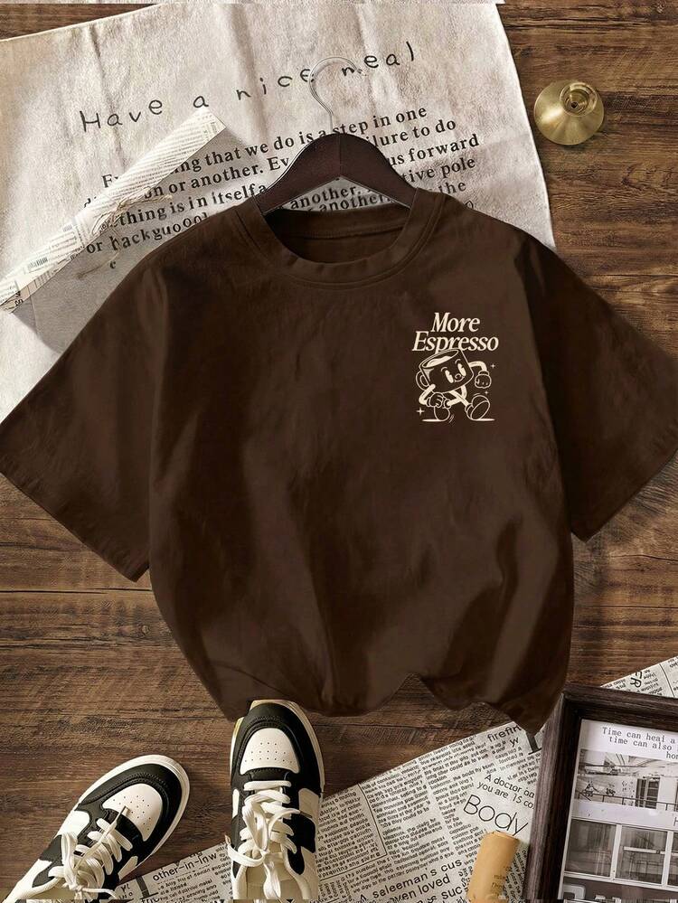 More Espresso Coffee Club Graphic Casual Crew Neck Short Sleeve T-Shirt For Women Summer - Brown - View 2