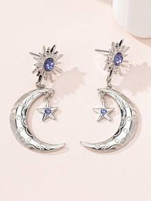Stud Earrings With Moon And Star Pendants Jewelry Gifts - Silver - View 4