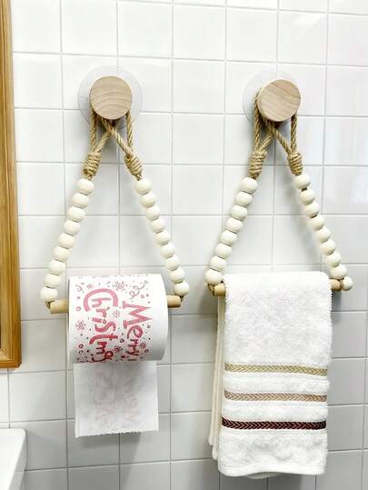 1PC No-Drill Tissue Holder Towel Rack Wooden Bathroom Shelf Hemp Rope Wooden Ball Bathroom Accessories Installation Tissue Storage Box Shelf Homestay Decoration Nordic Style Wooden Towel Rack