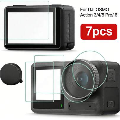 7合1套装，包含2张前置屏幕保护膜+2张后置屏幕保护膜+2张镜头保护膜+1个镜头盖，兼容 OSMO Action 3/4/5 Pro/6运动相机，相机配件