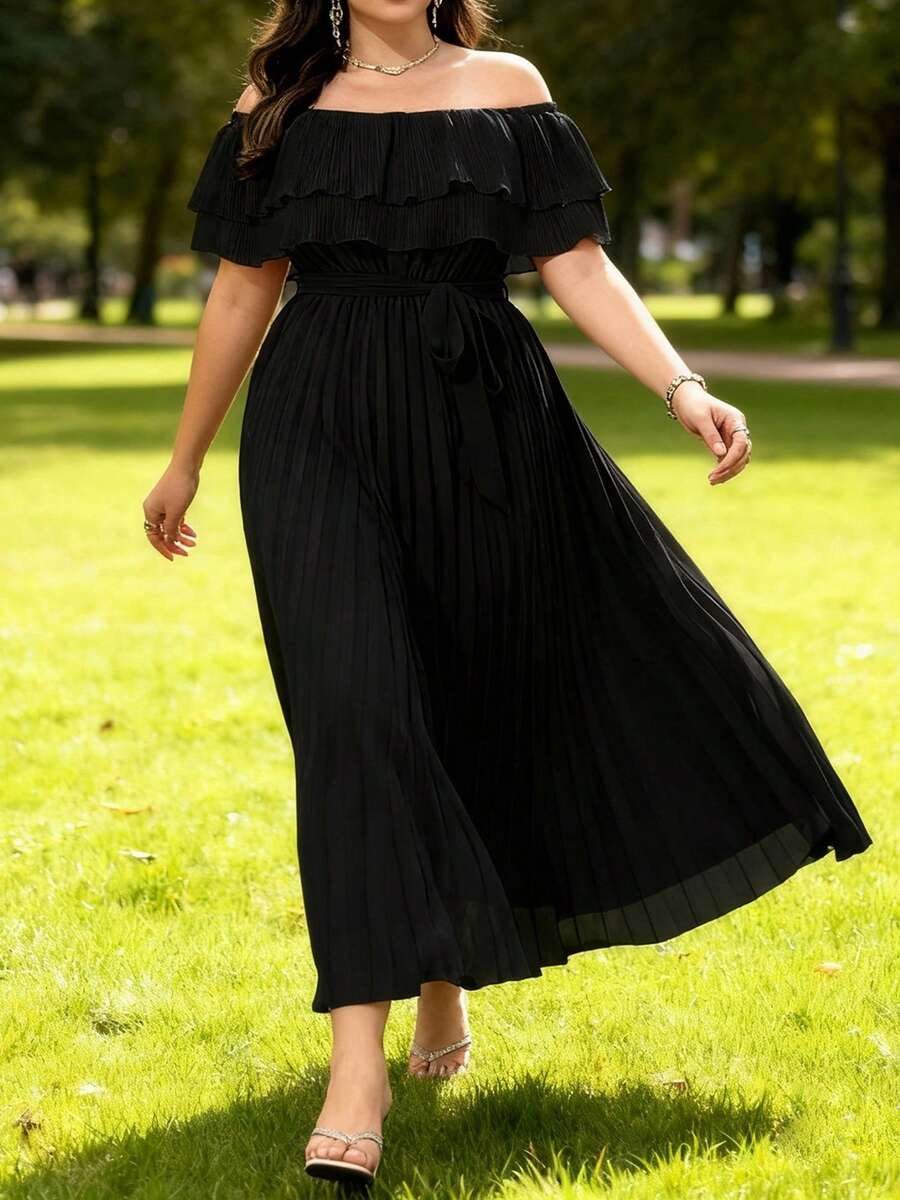 Women's Summer Plus Size Dress Short Sleeve Off Shoulder Solid Color Pleated Long Dresses With Belt - 黑色 - 查看 1