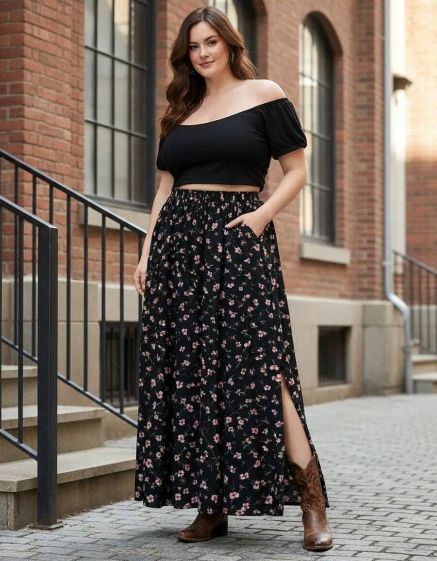 Saia Plus Size Cos Elastico Fenda Lateral Com Forro E Bolsos