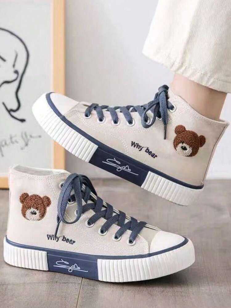 Women's Canvas Lace-Up Sneakers With Thick Sole And Height Increasing Design, Teddy Bear Design, Breathable, Comfortable, Lightweight, Fashionable, Versatile, Suitable For All Four Seasons - Màu be - Xem 1