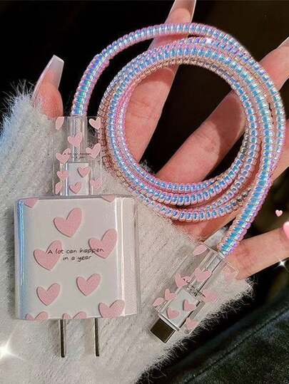 Pink Heart-Shaped Apple Charger Protector Case, Suitable For 18W, 20W Fast Charging Apple Data Cable, Data Cable/Charging Cable Protector, Anti-Breaking