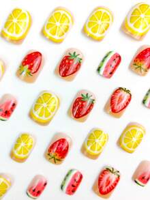Summer Short Fruit Strawberry & Lemon Nail Stickers Press On Nails - Multicolor - View 2