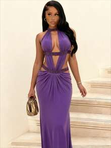 Light Luxury Celebrity Style Solid Color Neck Deep V Dress Women, Hot Diamond Hollow Bubble Sleeves Waist Slim Dress - 紫色 - 查看 3