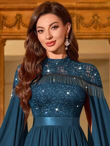 MIUSOL 亮片花卉蕾丝高领披肩袖雪纺褶裥下摆正式派对长裙，端庄女士连衣裙，正式晚礼服婚礼春季 - 霧霾藍 - 查看 8