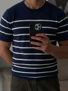 Suéter de punto de manga corta a rayas, primavera/verano - Azul Marino - Ver 5