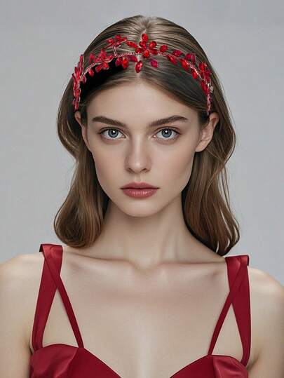 1pc Shiny Red Rhinestone Flower Headband, Elegant Bridal Flower Crown Headpiece Suitable For Wedding, Engagement, Party, Festival, Casual Wear