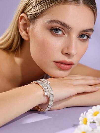 1pc Wide Multi-Layer Rhinestone Wrap Bracelet, Elastic Gold Tone Crystal Cuff Bangle For Women Wedding & Party