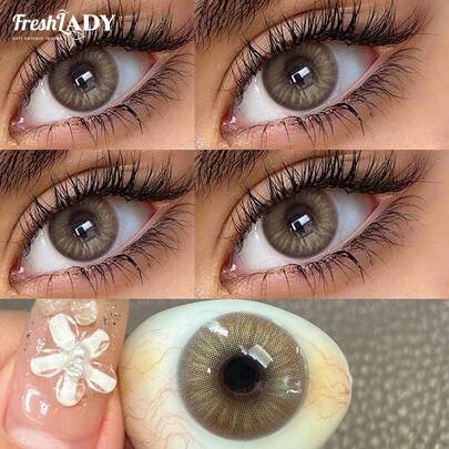 FRESH LADY Freshlady 1 Pair , 14.20 Mm, Yearly Use, Brown Color Eyes Cosmetic Lenses, Natural Mixed-Style Circle Lenses, Eye Beauty Makeup For Work, School, Daily Wear, Party, Gift For Friends
