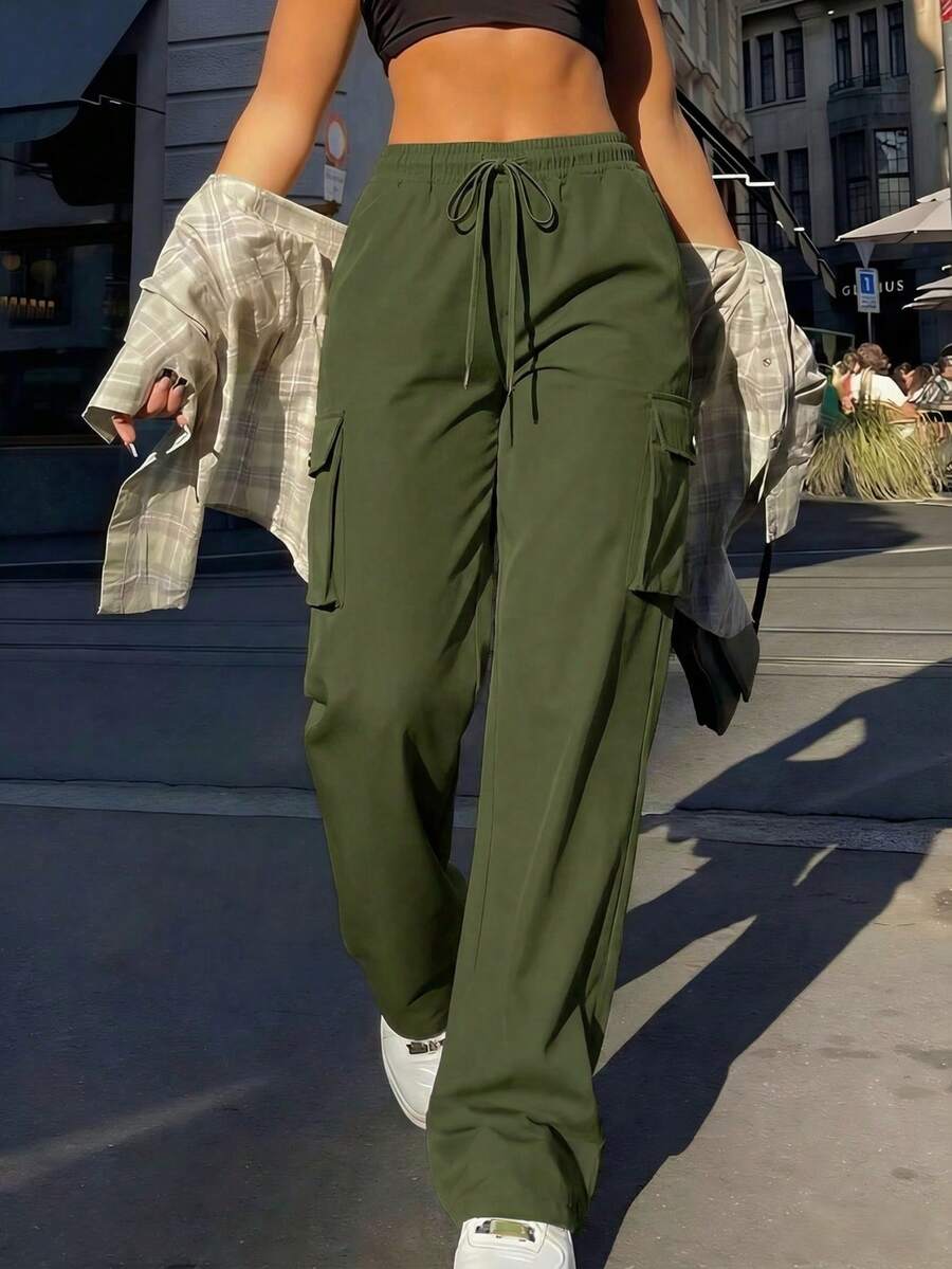 Spring Summer Women's Vintage Casual Fashionable Olive Green Side Pockets Y2K Straight Leg Cargo Pants, Retro Street Multi-Pocket Elegant And Cute Work Pants - 橄欖綠 - 查看 1