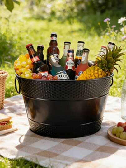 Vintage Black Metal Ice Bucket. Designed With A Hammered Texture And Dual Side Handles, 33cm Diameter, 18.5cm Height, Large Capacity To Easily Accommodate Multiple Bottles Of Wine And Beverages.