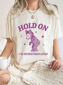Camiseta Vintage de Oso para Mujer - Blusa de Verano de Manga Corta con Cuello Redondo Semitransparente, Corte Holgado, Estampado de Oso para Conjuntos de Primavera/Verano - Lavable aáquina para un Cuidado Sencillo (Oso) - Albaricoque - Ver 2