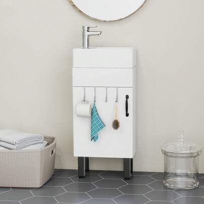 40CM Bathroom Cabinet, Under Sink Cabinet With Door Bathroom Vanity With Sink Floorstanding Storage Cupboard With Feet Basin Unit With 2 Hooks, For Kitchen Home, White, Faucet Not Included