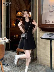 Y6Y 黑色无袖轻盈飘逸连衣裙 | 女士时尚甜美夏季短款连衣裙 - 黑色 - 查看 4