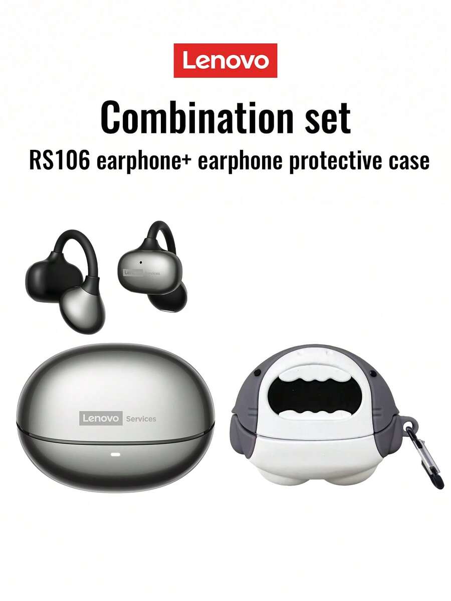 Lenovo 联想 RS106 蓝牙耳机及保护套组合套装，耳挂式运动耳机，超长续航，蓝牙 6.0 低延迟，沉浸式音效，游戏和音乐低延迟，适用于智能手机、电脑，节日礼物之选