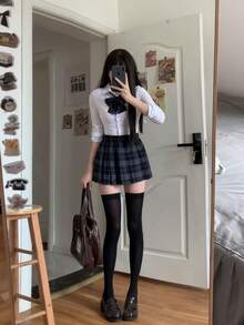 JK三点セット長袖シャツ+蝶ネクタイ+プリーツスカート制服セット女子高生制服チェック柄レディースセットアップ学園風cosplay卒業式入学式コスプレ日系春夏新作セーラー服キュート甘いスカートボタンカーディガンアンダーウェア学生 - ブラック - チェックする 7