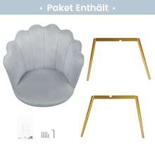 Samt Sessel mit goldenen Metallbeinen, eleganter und bequemer Polsterstuhl für Wohnzimmer, Schlafzimmer, Büro oder Schminktisch, stilvoller Lounge Chair im modernen Design, 43x43x82 cm - Grau - Übersicht 11