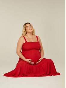 Vestido Midi Gestante Plus Size Soltinho Confortável Com Babado Feminino De Alcinha Fresquinho - Vermelho - Visão 6