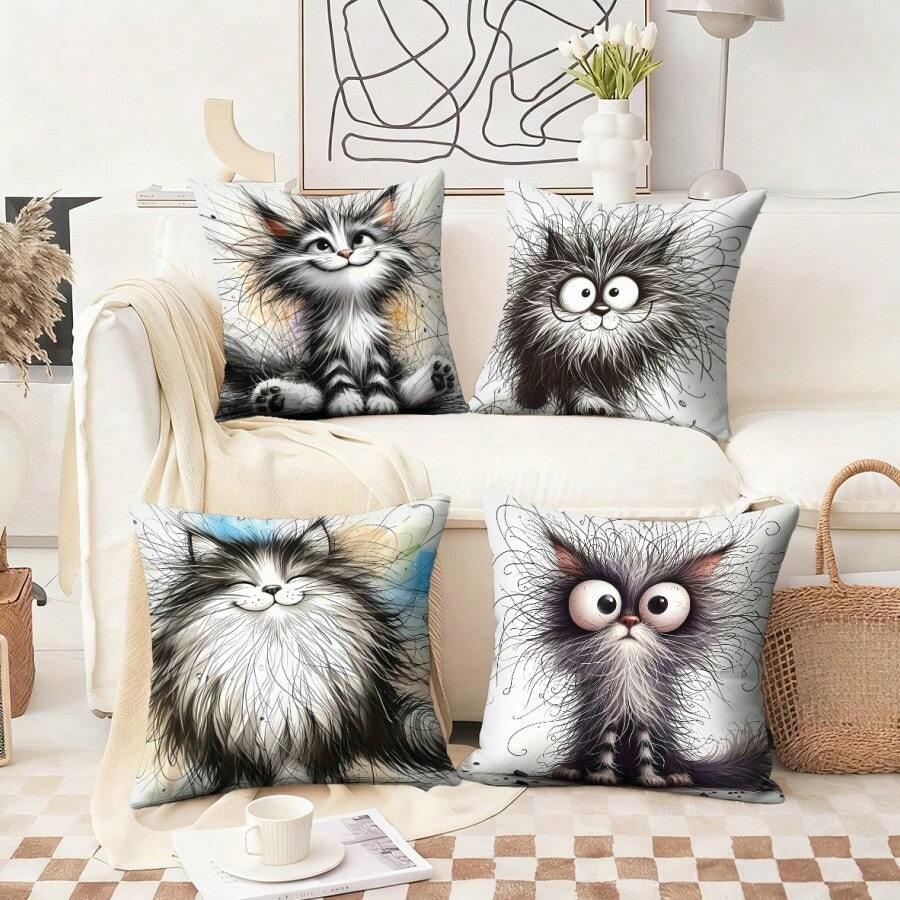 4 pièces/set Housses de coussin décoratif uniques en forme de chat, design de dessin animé moderne avec fermeture éclair, convient pour le salon, le canapé, la décoration de la maison - les inserts de coussin ne sont pas inclus - Multicolore - Voir 1