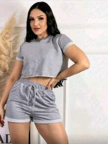 Cropped Top And Sweat Shorts Set, Comfortable Fit And Casual Style. - Grey - View 5