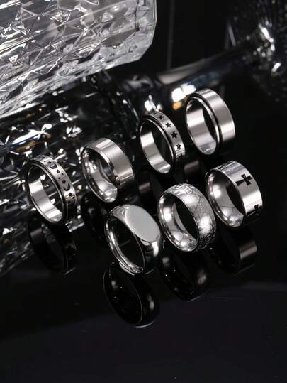 7 قطع من طقم خواتم فضية من الفولاذ المقاوم للصدأ، تتضمن صليب، نجمة، قمر، عناصر معدنية، مناسبة للرجال للاستخدام اليومي والإكسسوارات في المناسبات