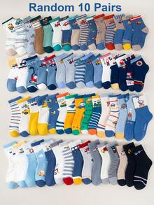 Random 1/5/10-Pair Packs Of Cute Cartoon Car-Themed Children's Socks, Striped Letter Patterns, Simple And Casual Style, Mid-Calf Socks For Boys' Everyday School Wear. - Multicolor - View 19