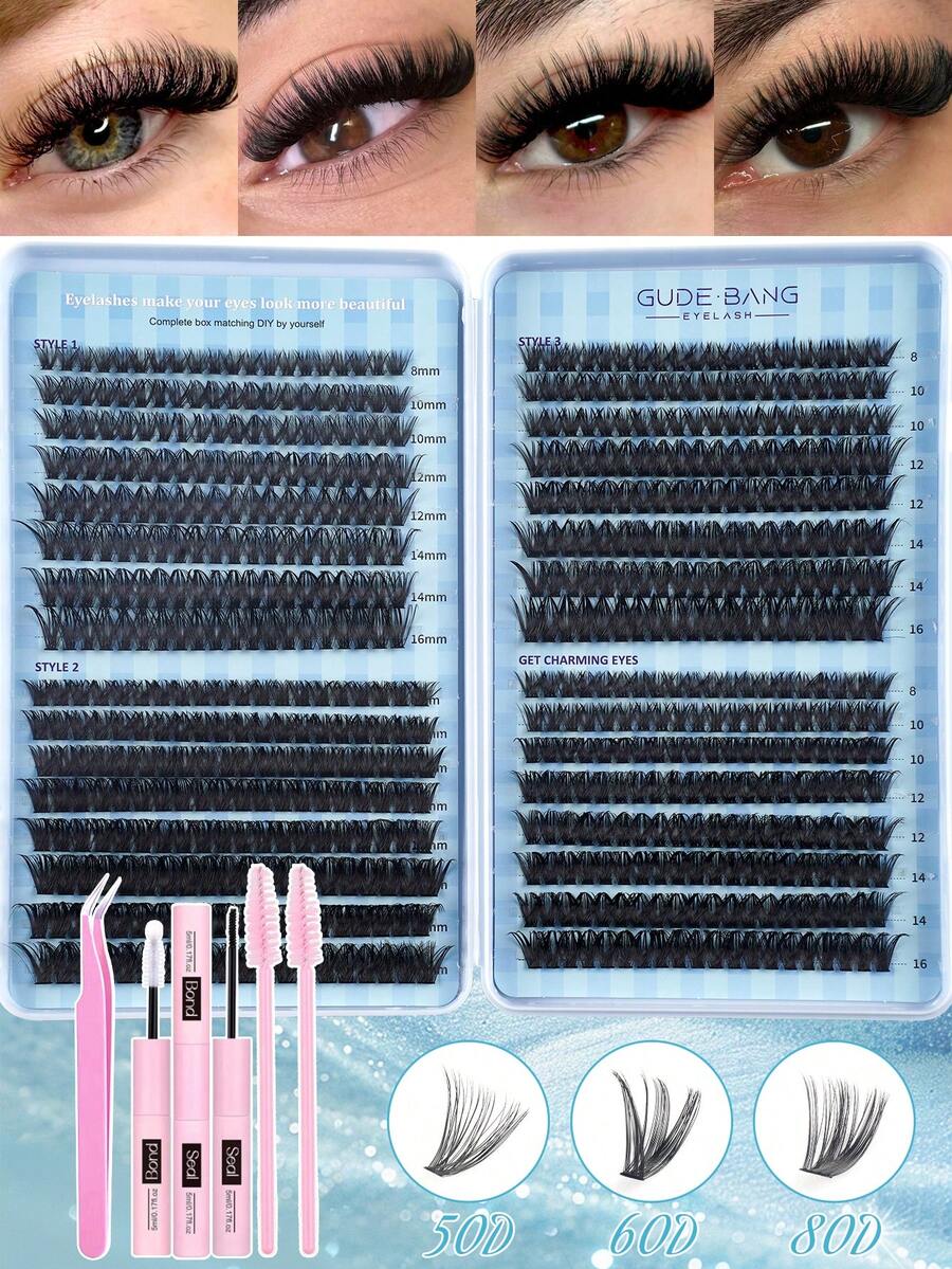 640 Clusters D Curl Individual Lash Clusters 50D60D80D, 8/10/12/14/16MM Mixed Style Lash Kit DIY At Home Grafting Lash Clusters Book, Diy Long-Lasting Eyelash Extensions, High Capacity Natural Clusters Lashes With Eyelashes Glue, Tweezer, Eyelash Brushes Kit, Easy To Use For Starter Makeup Beauty, Enlarge Eyes False Lashes Extensions Suit Suitable For Daily Outings, Travel, Photography, Gatherings, Weddings, Travel Carry And Makeup - 彩色 - 查看 1