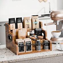 3-Tier Wooden Storage Display Rack With Handle - Polished Finish Multi-Purpose Organizer For Whiskey, Spirits, Coffee Syrup - Elegant Home Bar Countertop Decor, Kitchen Storage Rack | Wooden Display Rack | Decorative Storage, Shelves For Storage - Marrón - Ver 7