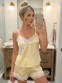 Womens 2 Piece Pajamas Set Cute Sleeveless Lace Trim Tops + Shorts Set Lounge Clothes - Yellow - View 6