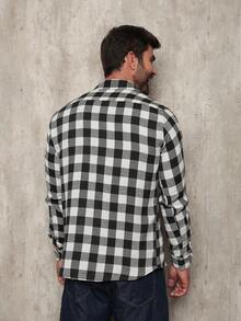 Men's Flannel Plaid Shirt, Long Sleeve Blouse - 黑色 - 查看 3