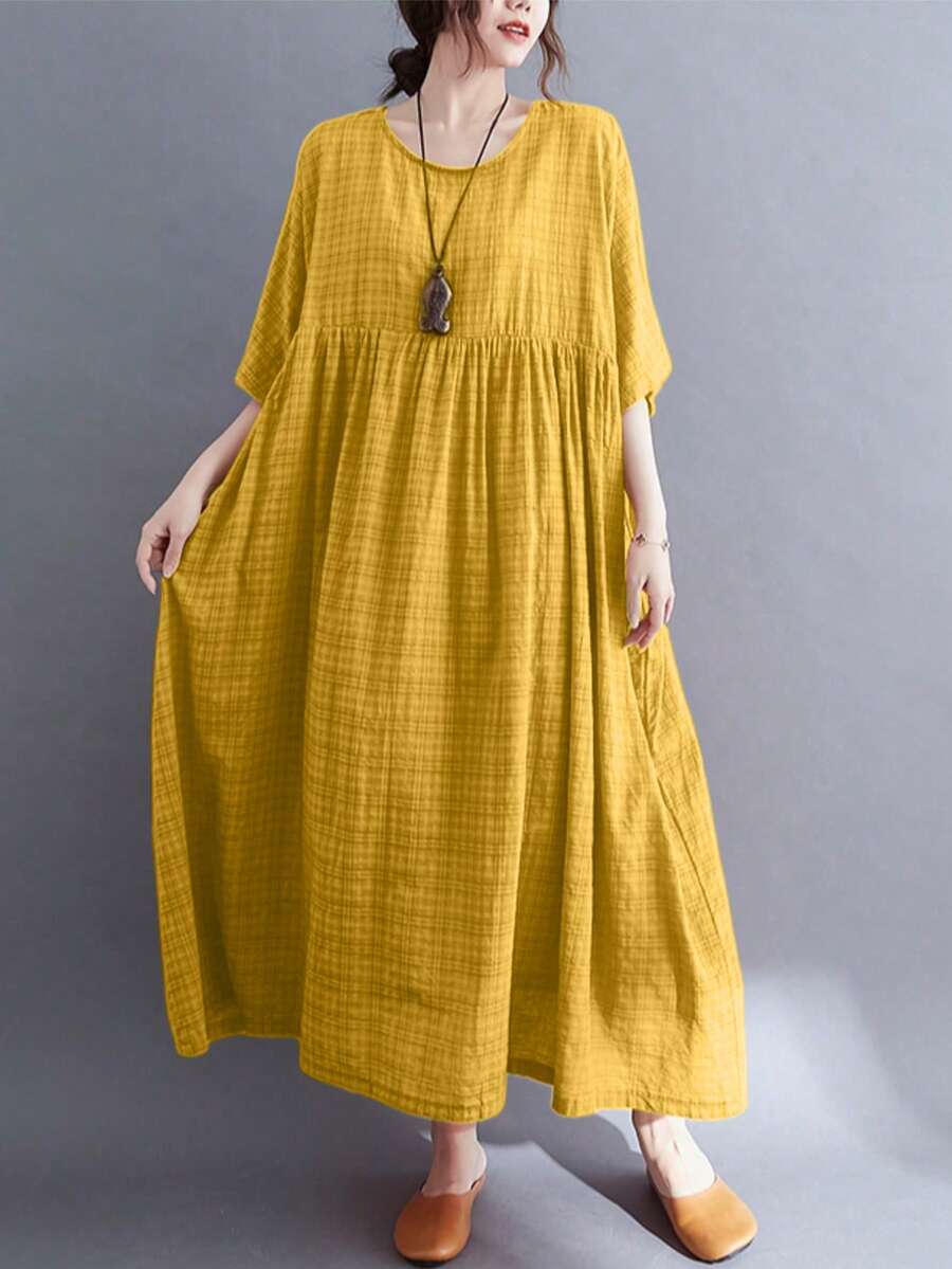 Đầm dự tiệc phong cách Bohemian 2026, chân váy cỡ lớn dành cho nữ, trang phục thanh lịch hàng ngày cho các bà mẹ, chân váy chữ A rộng rãi màu đen cỡ lớn mùa hè. - Màu vàng - Xem 1