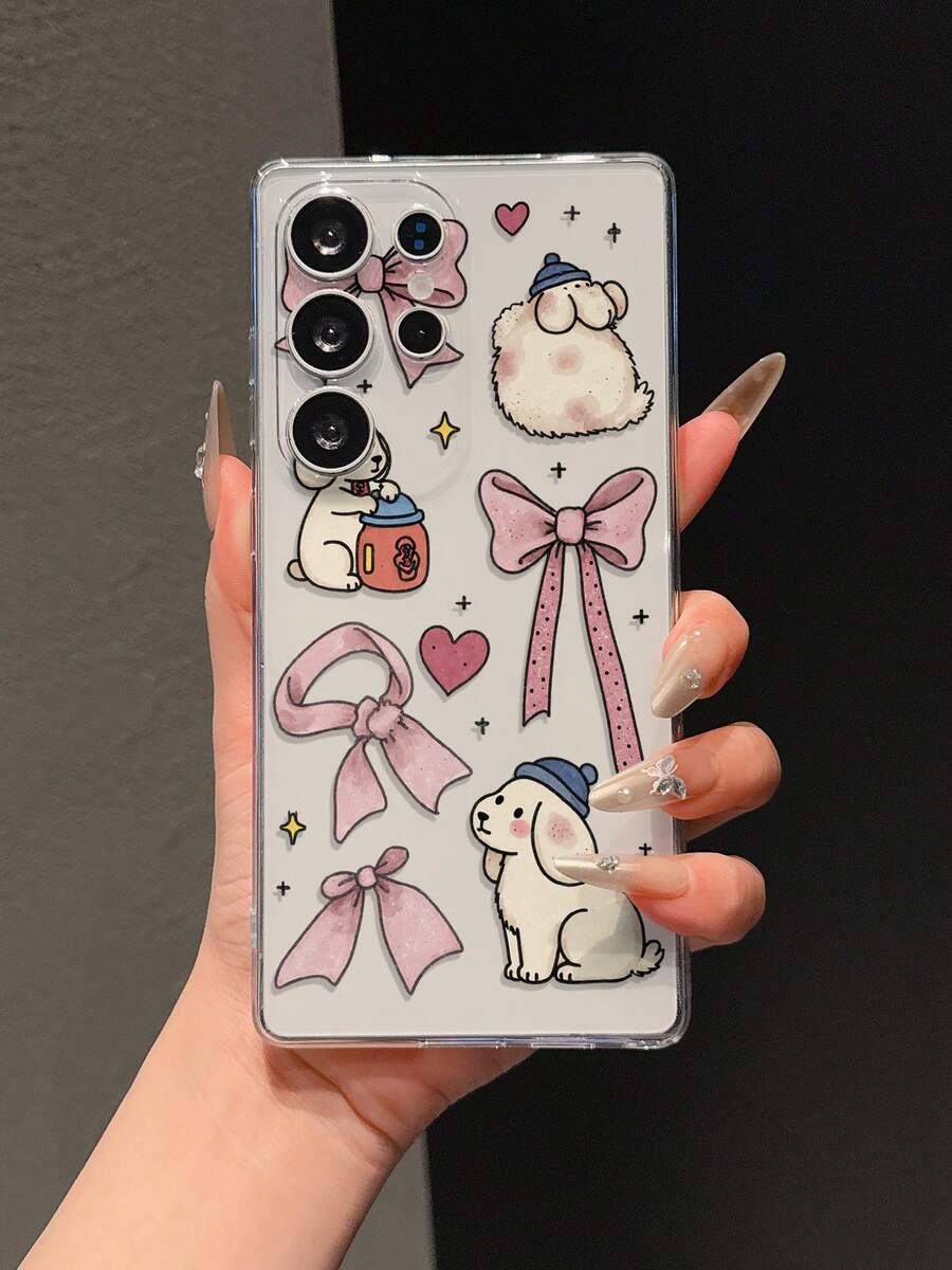 1个透明防摔全包覆TPU软手机壳，UV喷绘粉色蝴蝶结和白色小狗图案，时尚手机壳，兼容、Galaxy、荣耀等手机，国际版，非国内版 - 彩色 - 查看 1