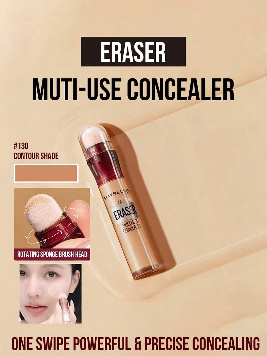 Maybelline ERASER 多用途遮瑕膏 #130 高遮瑕度色号，6毫升/0.20 液盎司，一笔即可完美遮盖瑕疵，12 小时保湿，旋转式海绵头无需工具，轻盈亲肤配方，蕴含烟酰胺，提亮眼周肌肤，有效遮盖瑕疵/黑眼圈/肤色不均，打造无瑕日常妆容。