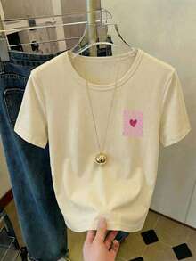 Women's Casual Washed Red Heart Graphic Round Neck Short Sleeve T-Shirt, Suitable For Spring, Summer And Autumn - Apricot - View 7