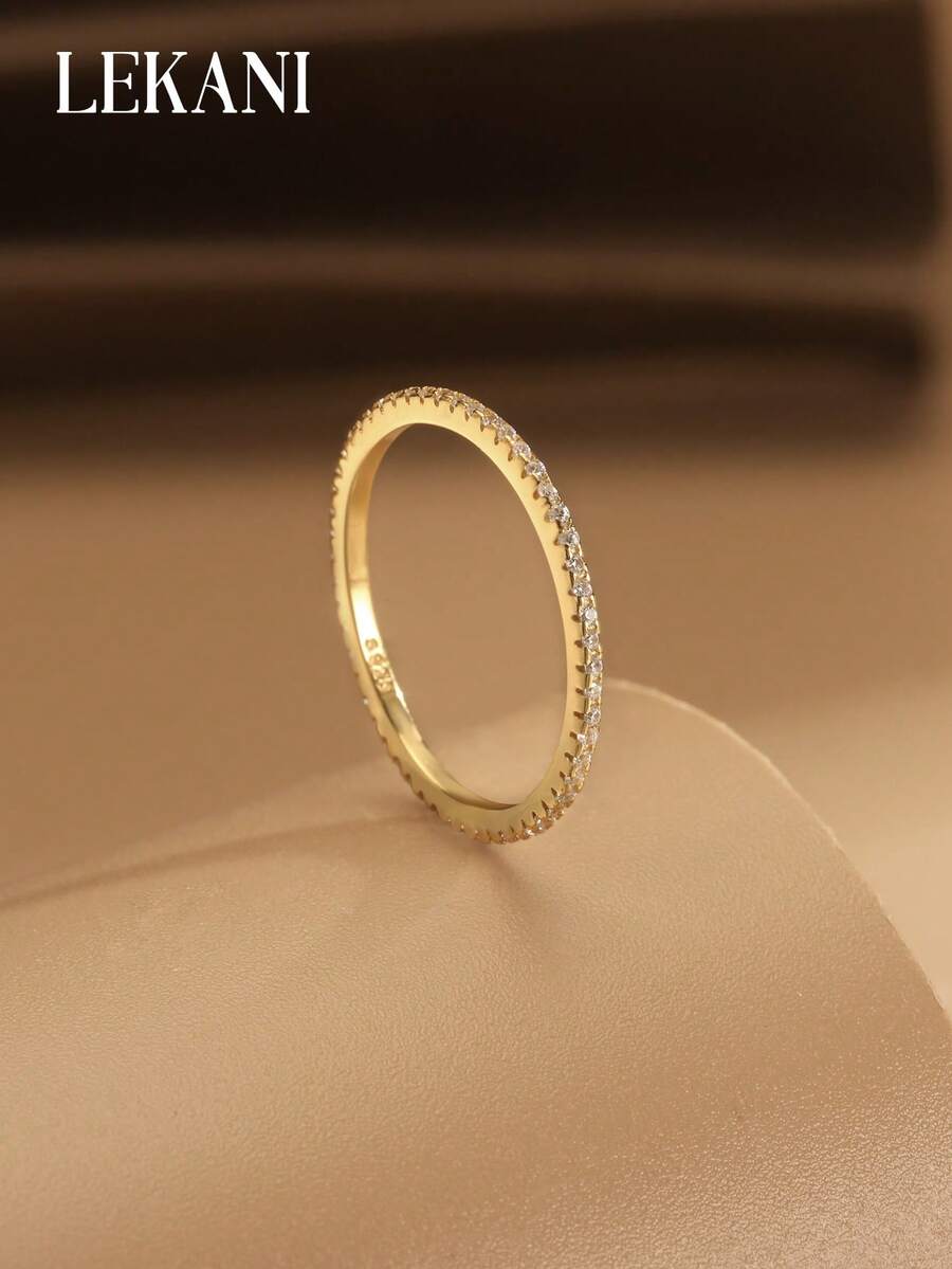 1pc S925 Sterling Silver Ring, Personalized Minimalist Design With Pave Cubic Zirconia, Pink Gold-Plated, Women Jewelry Gift, Cross-Border Premium Luxury, Fashion & Sleek Seasonal Offer - Gold - View 1