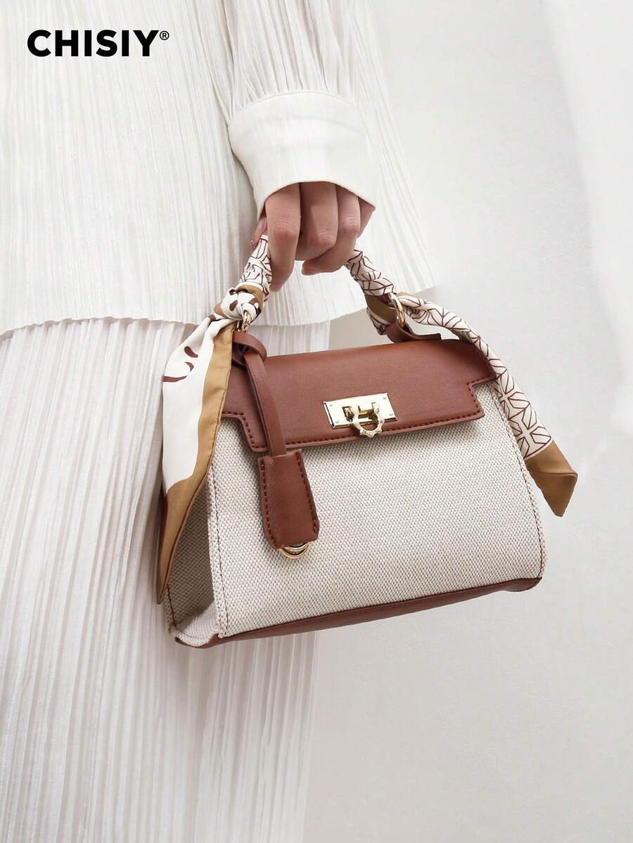 CHISIY 1pc Fashion Brown & White Patchwork Minimalist Handbag, Suitable For Business, Casual, Shopping, School, With Zipper, Shoulder Strap, Crossbody, Versatile Retro Charm, Elegant Personalized, Suitable For Any Occasion, Showcasing Unique Fashion Taste - Brown - View 1