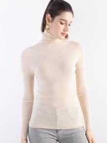 Áo len dệt kim dài tay cổ cao không đường may dành cho nữ, chất liệu pha len Merino, bộ sưu tập Xuân/Hè 2026. - Màu be - Xem 5