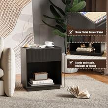 INNOD Fluted Nightstands Set Of 2, Modern Mid - Century Wood Bedside Table With Drawer & Open Storage Shelf, End Table For Bedroom, Living Room, Office, Sofa Side Couch Black - 黑色 - 查看 3