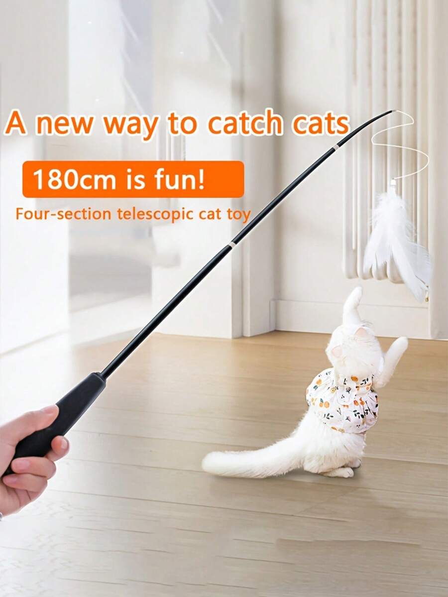 四节可伸缩猫玩具逗猫棒，带人造羽毛，可伸缩逗猫棒，适合幼猫和成猫互动玩耍，塑料材质，无需充电或电池