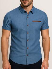 Men's Slim Fit Short Sleeve Denim Shirt, Cotton, Buttons, Premium Fit, Regular Fit - 淺藍色 - 查看 2