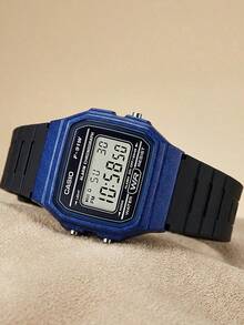 Casio 男士复古金属蓝色数字手表，经典方形表壳搭配黑色树脂表带，运动闹钟腕表 F-91WM-2A - 藍色 - 查看 5