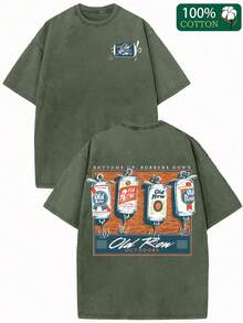 Old Row Double-Sided Vintage Beer Can Graphic T-Shirt - Washed Unisex Loose Fit Short Sleeve Tee, Retro Casual Summer Top With Machine Washable Design, Everyday Tshirt | Soft Texture Shirt - 軍綠色 - 查看 1