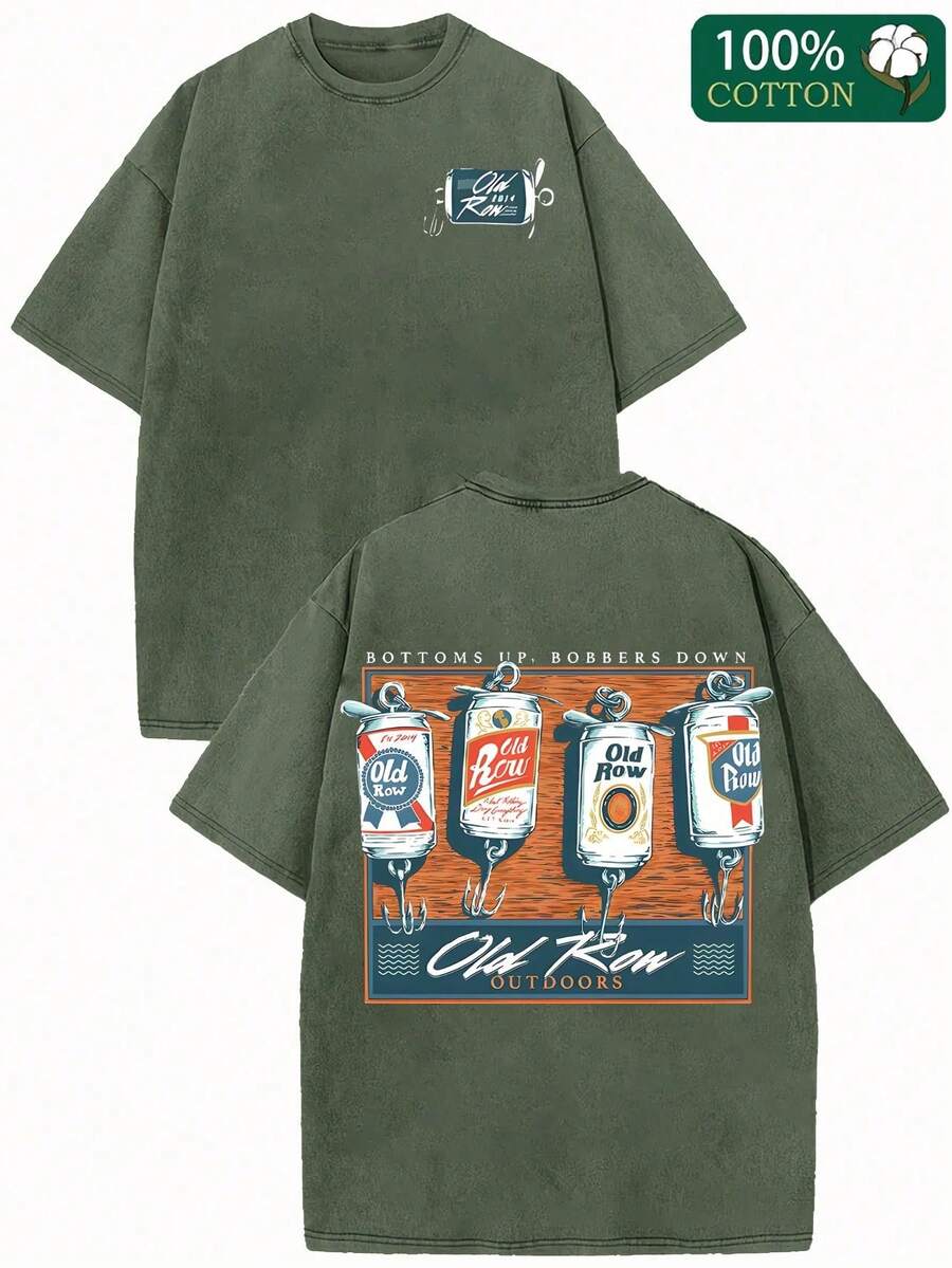 Old Row Double-Sided Vintage Beer Can Graphic T-Shirt - Washed Unisex Loose Fit Short Sleeve Tee, Retro Casual Summer Top With Machine Washable Design, Everyday Tshirt | Soft Texture Shirt - 軍綠色 - 查看 1